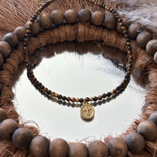 Collier Ras de Cou « Luna » – Oeil du Tigre & Croix