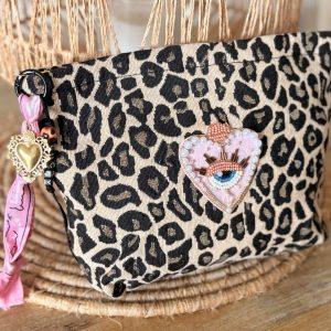 Pochette Bohème Léopard - Sacré coeur bordé rose bonbon