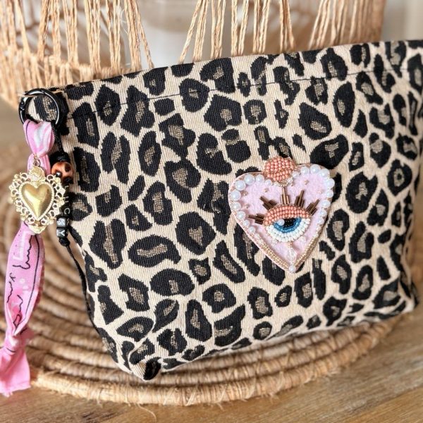 Pochette Bohème Léopard - Sacré coeur bordé rose bonbon