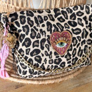 Pochette Bohème Léopard - Sacré coeur bordé rose