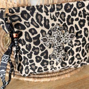 Pochette Bohème Léopard - Croix strass noire