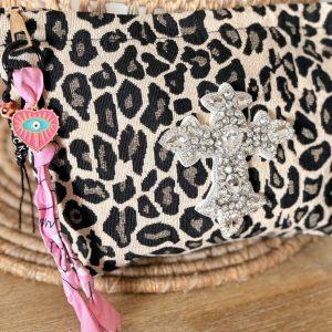 Pochette Bohème Léopard - Croix strass blanche