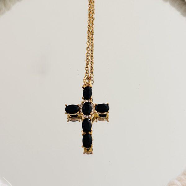 Collier Acier Inox – Croix en strass noir