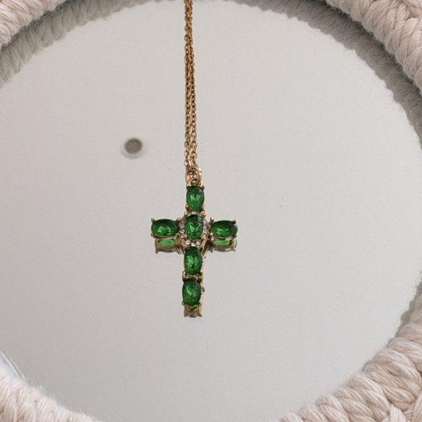 Collier Acier Inox – Croix en strass vert