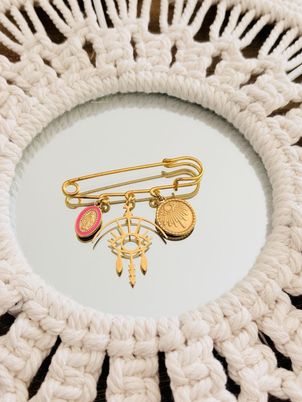 Broche Épingle Acier Inox (Vierge Rose, Œil Protecteur & Soleil) – Image 2