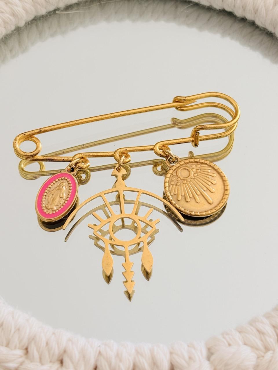 Broche Épingle Acier Inox (Vierge Rose, Œil Protecteur & Soleil)