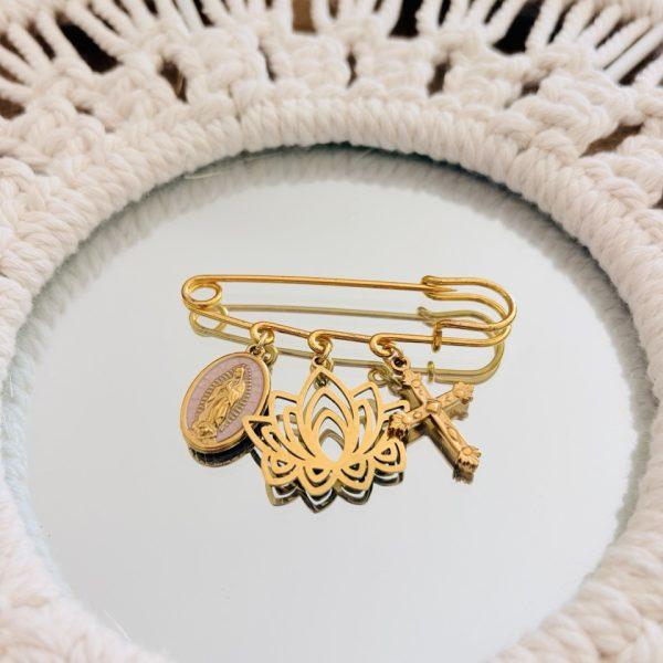 Broche Épingle Acier Inox (Notre dame de Guadalupe Rose Clair, Lotus & Croix)