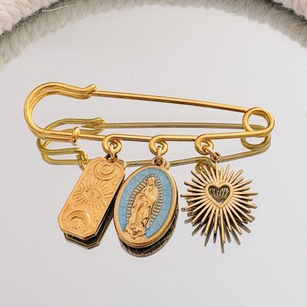 Broche Épingle Acier Inox (Notre dame de Guadalupe Bleu, Talisman & Cœur Sacré)