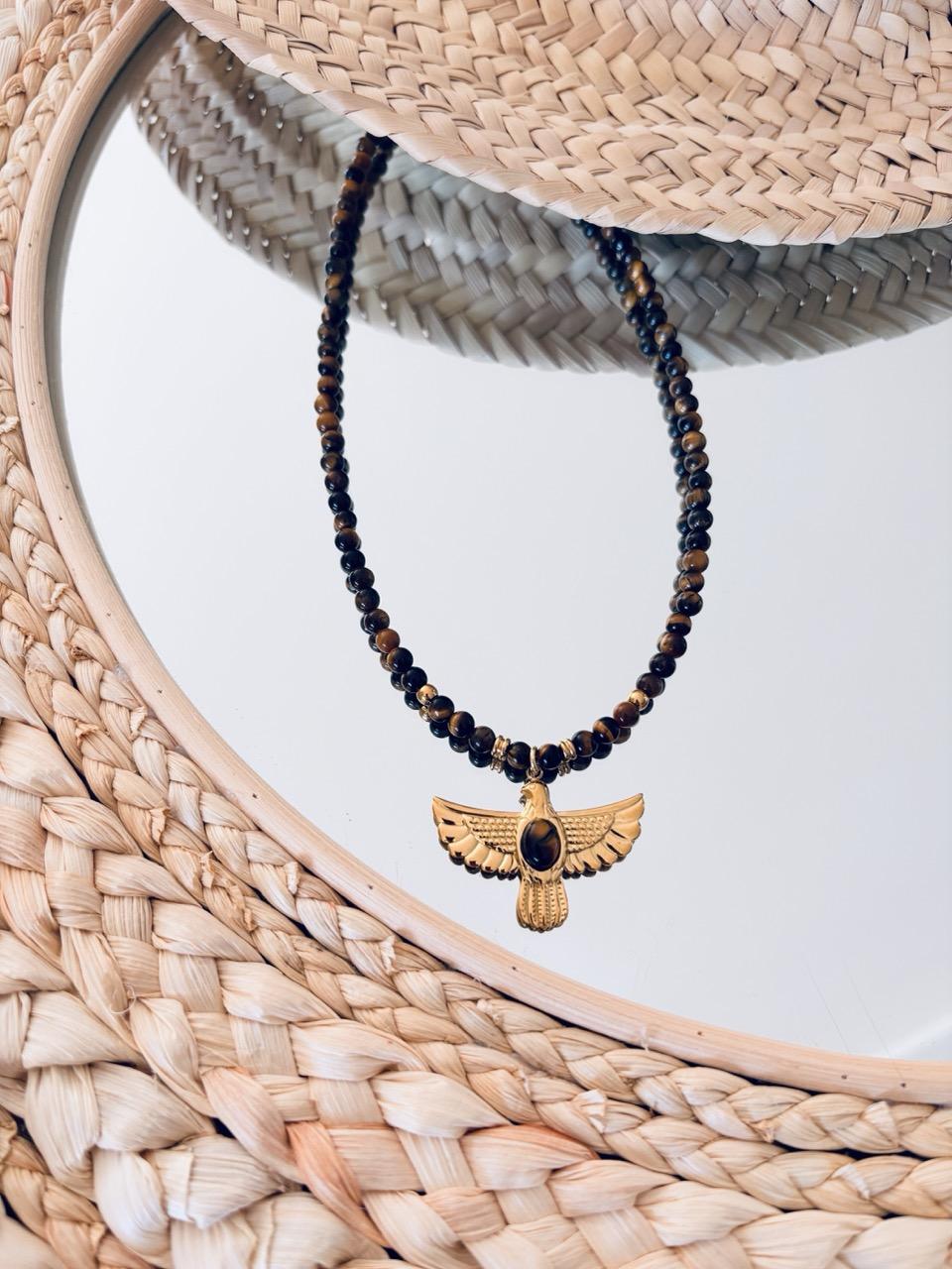 Collier Ras de Cou « Luna » – Œil de Tigre & Aigle