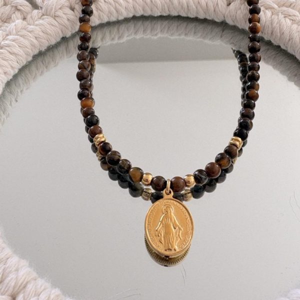 Collier Ras de Cou « Luna » – Oeil du Tigre & Vierge Miraculeuse