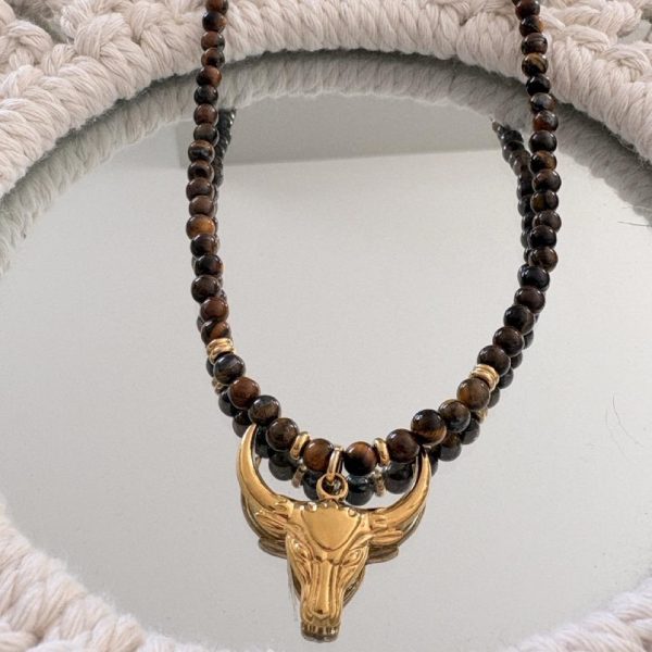 Collier Ras de Cou « Luna » – Oeil du Tigre & Tête de Buffle