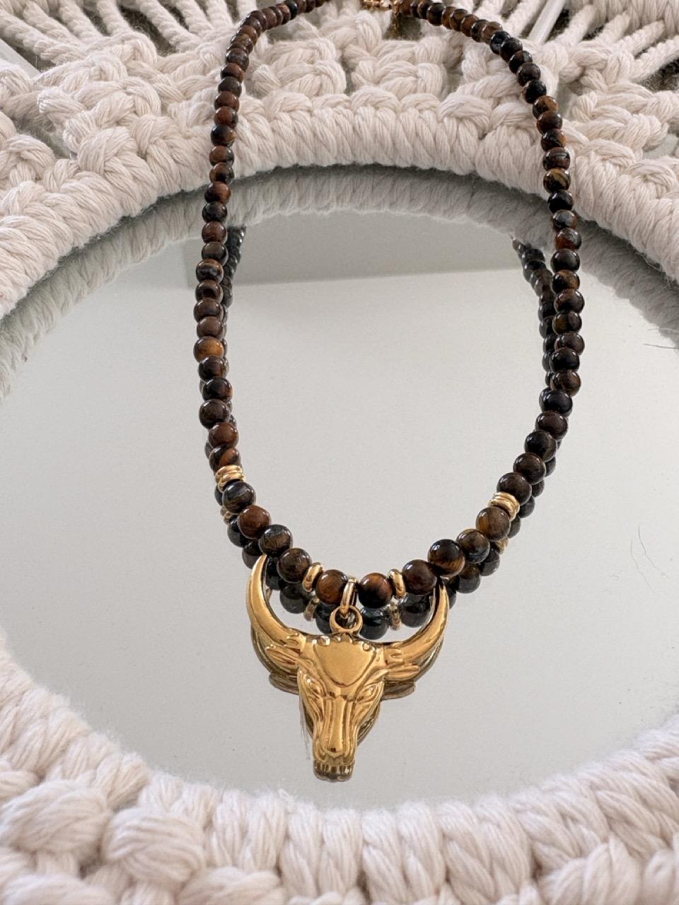 Collier Ras de Cou « Luna » – Oeil du Tigre & Tête de Buffle