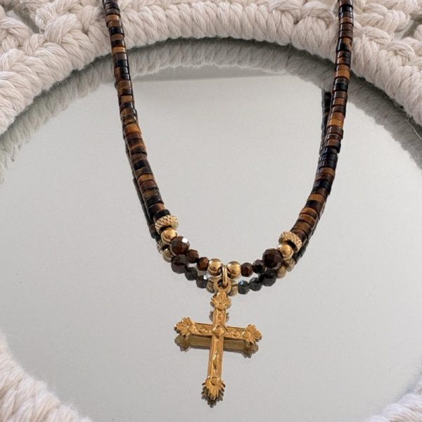 Collier Ras de Cou « Aura » – Œil de Tigre & Croix