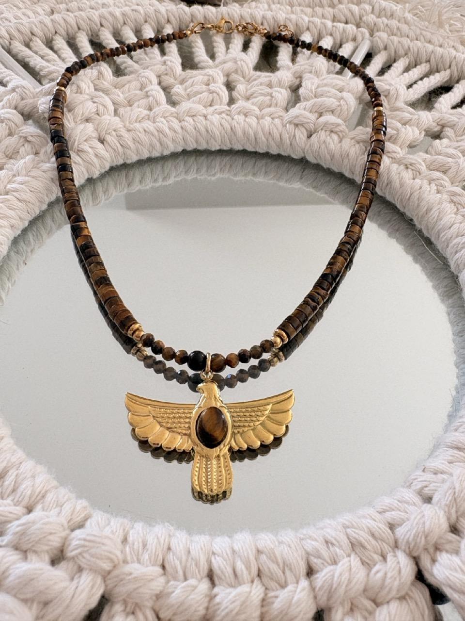 Collier Ras de Cou « Aura » – Œil de Tigre & Aigle