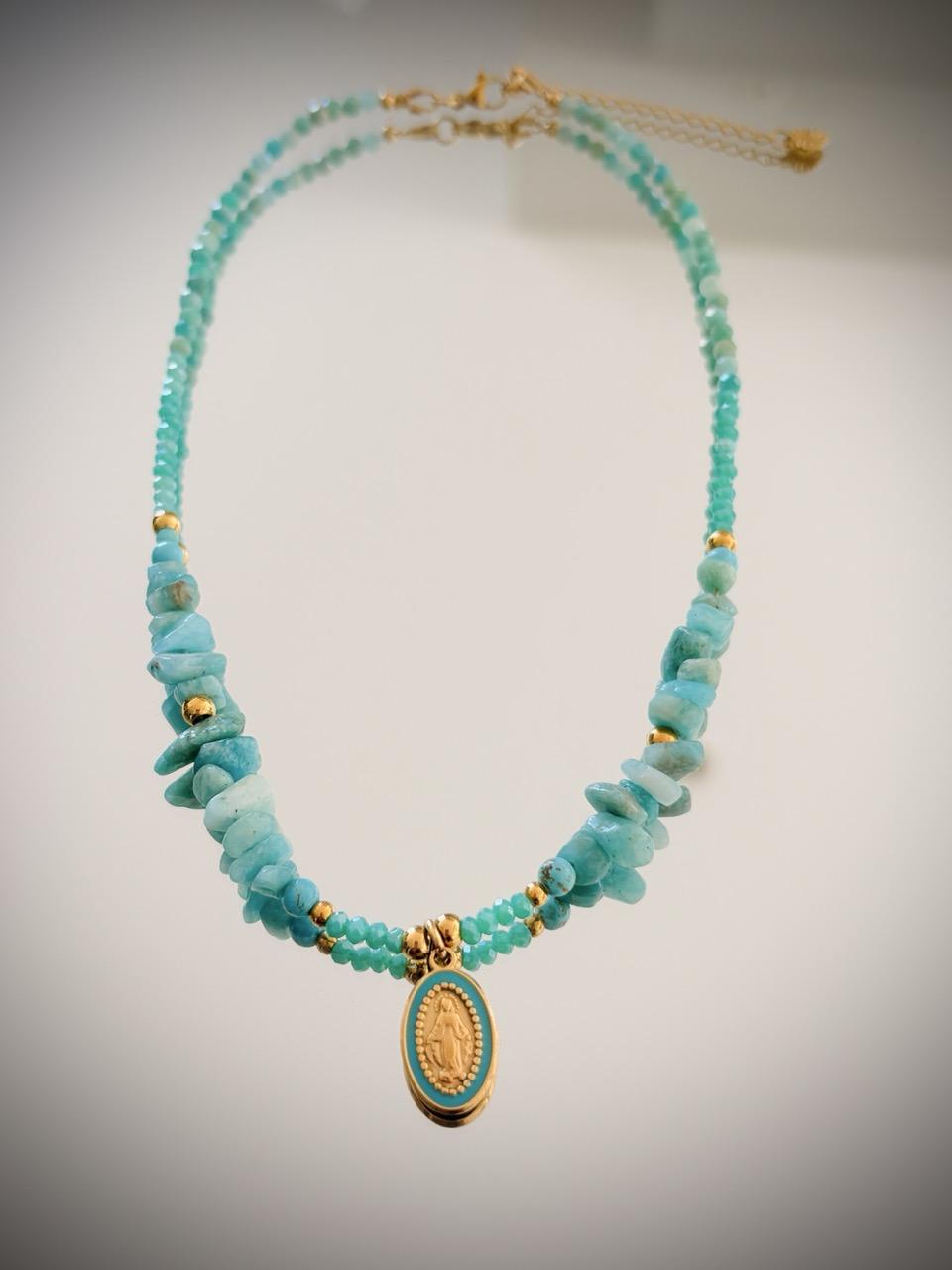 Collier Ras de Cou « Céleste » – Amazonite & Médaille Vierge – Image 3