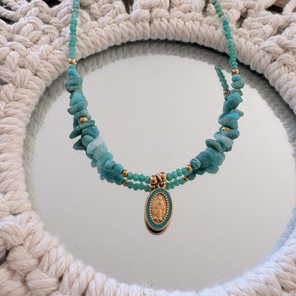 Collier Ras de Cou « Céleste » – Amazonite & Médaille Vierge