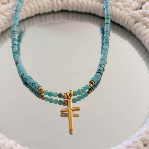 Collier Ras de Cou « Aura » – Turquoise & Croix