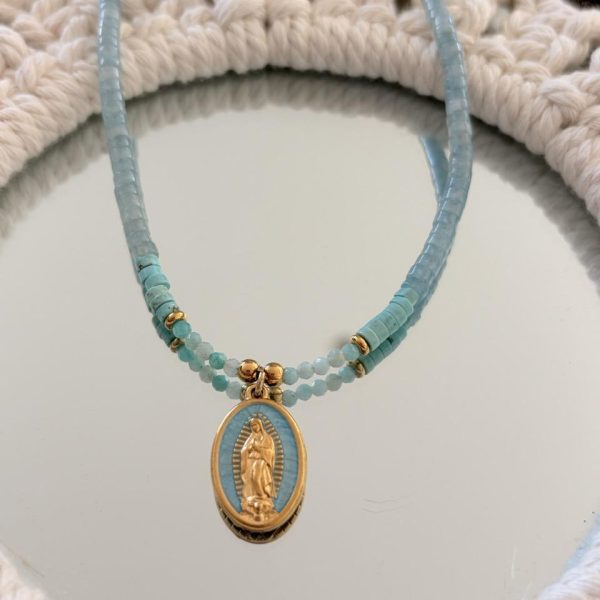Collier Ras de Cou « Aura » – Amazonite, Aigue-Marine & Notre Dame de Guadalupe