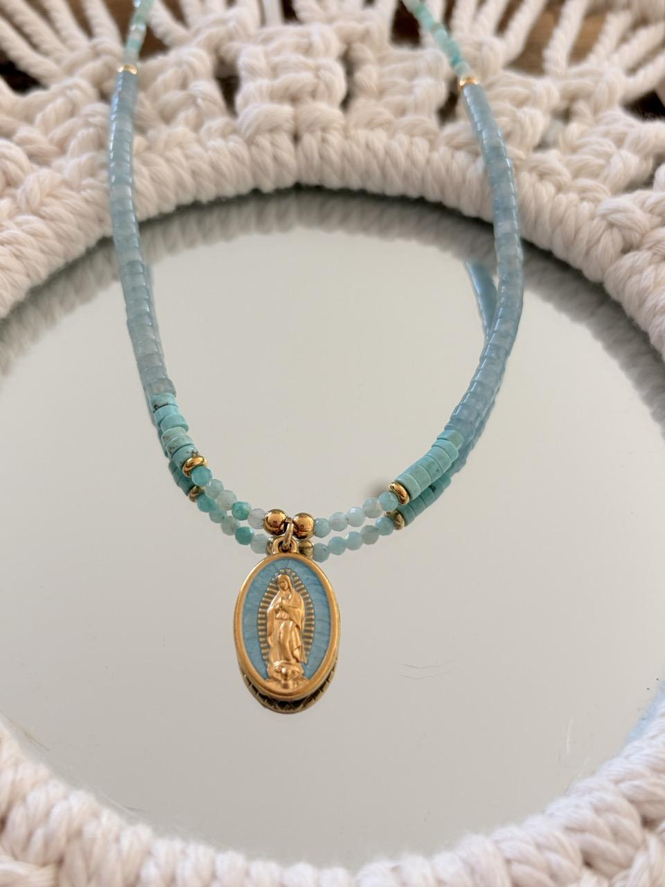Collier Ras de Cou « Aura » – Amazonite, Aigue-Marine & Notre Dame de Guadalupe