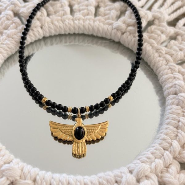 Collier Ras de Cou « Luna » – Obsidienne & Aigle