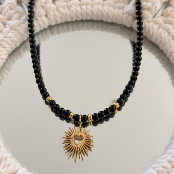 Collier Ras de Cou « Luna » – Obsidienne & Cœur Sacré