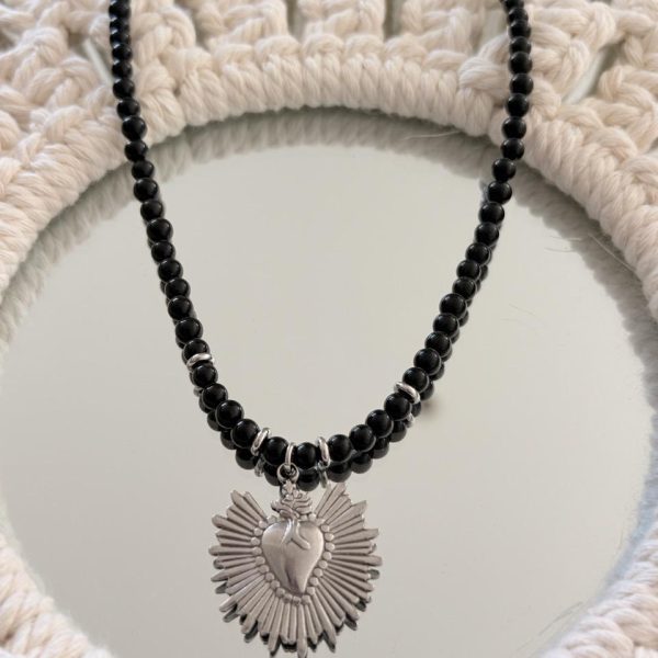 Collier Ras de Cou « Luna » – Obsidienne & Cœur Ex-Voto Argent