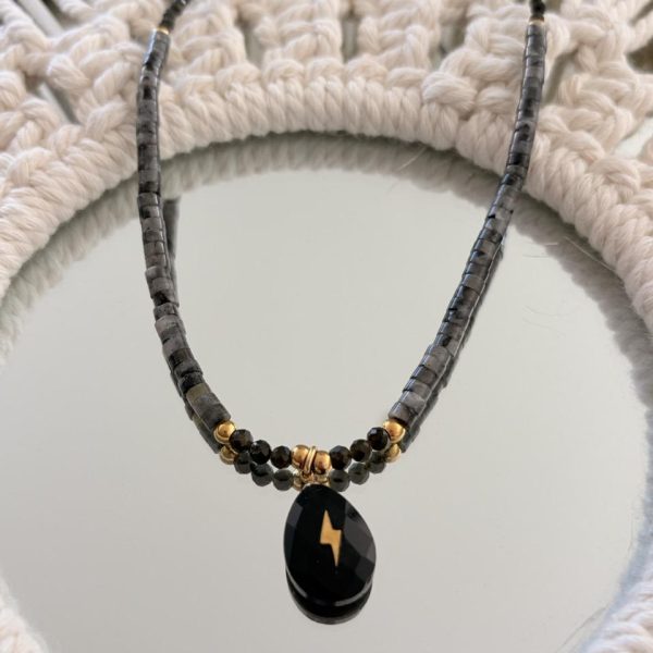 Collier Ras de Cou « Aura » – Labradorite Grise & Pierre Obsidienne