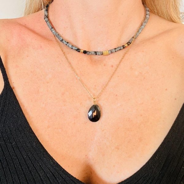 Collier Double Ras de Cou Labradorite - Pendentif obsidienne