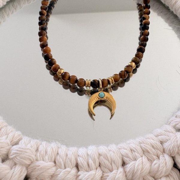 Collier Ras de Cou « Luna » – Oeil du Tigre & Lune